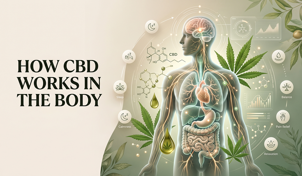 An anatomical diagram of a human body highlighting internal systems, surrounded by CBD molecules and hemp leaves.
